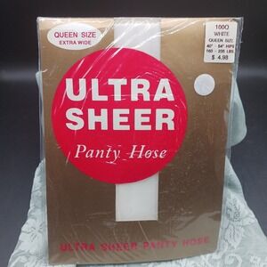 Vintage Pantyhose Ultra Sheer Queen Extra Wide 100Q White 160-235 lb 40-54" hips